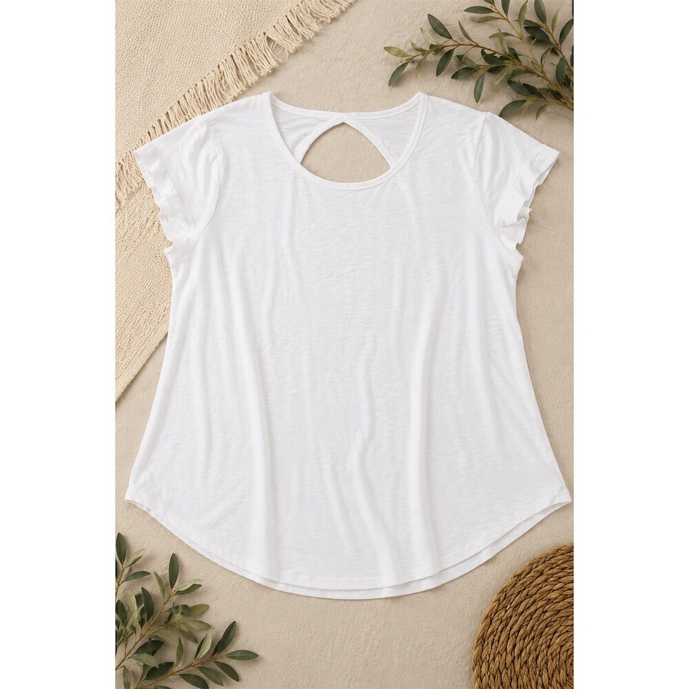 Max Studio Blouse Womens XL White Flutter Sleeve Keyhole Back Hi-Low Hem